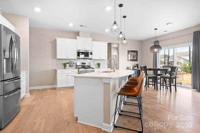 kitchen with stainless steel appliances, visible vents, backsplash, a sink, and light wood-type flooring