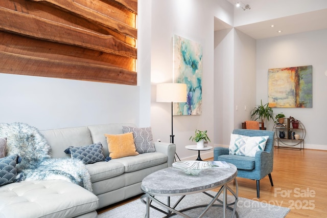 living room with baseboards and light wood-type flooring