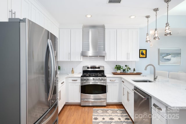 kitchen with a sink, tasteful backsplash, stainless steel appliances, a peninsula, and wall chimney exhaust hood