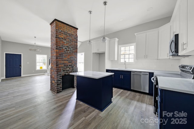 kitchen featuring appliances with stainless steel finishes, plenty of natural light, a sink, and blue cabinetry