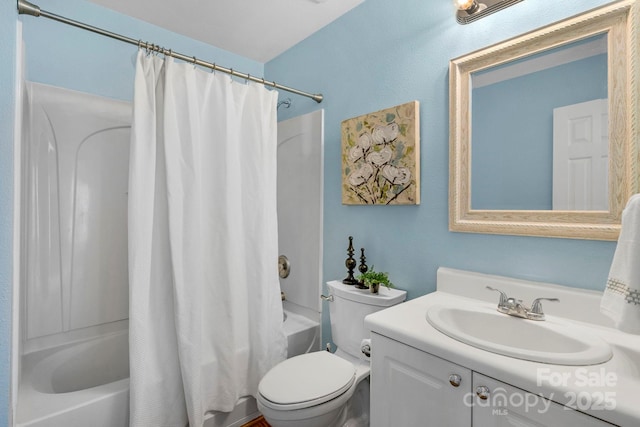 bathroom featuring toilet, shower / tub combo, and vanity