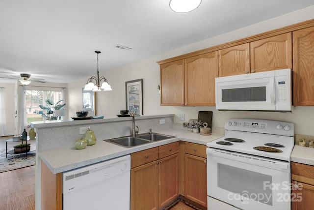 kitchen featuring a peninsula, white appliances, a sink, visible vents, and light countertops