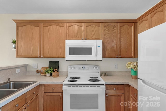 kitchen featuring white appliances, light countertops, and a sink