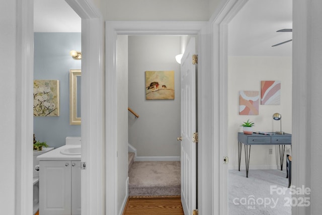 staircase featuring ceiling fan, carpet, and baseboards