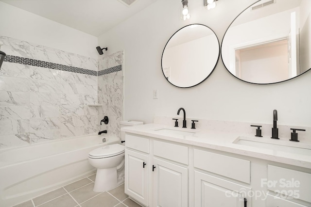 full bath featuring toilet, visible vents, a sink, and shower / bathing tub combination