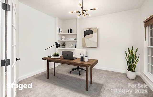 5672 Wrenfield Ct, Charlotte, NC 28277 - home office featuring carpet, a chandelier, french doors, and baseboards