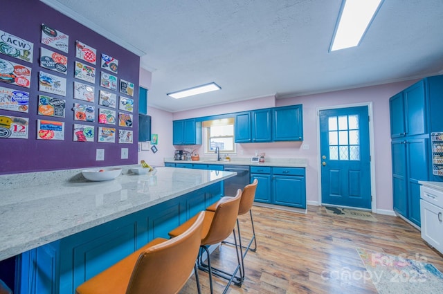 91 Congress St, Asheville, NC 28801 - kitchen with a breakfast bar, light wood finished floors, blue cabinetry, stainless steel dishwasher, and a sink