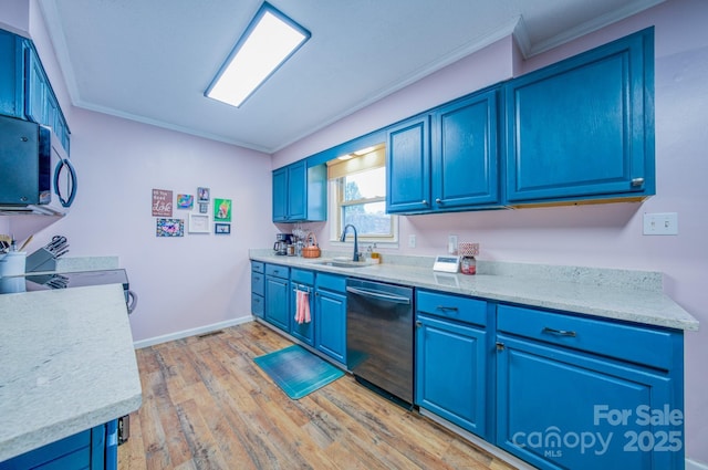 91 Congress St, Asheville, NC 28801 - kitchen featuring crown molding, light wood finished floors, blue cabinetry, stainless steel appliances, and a sink