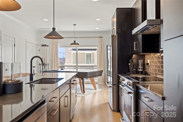 kitchen featuring backsplash, stainless steel appliances, wall chimney range hood, stainless steel counters, and a sink