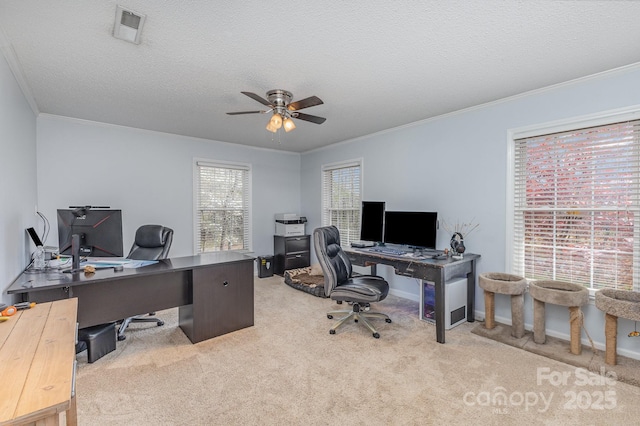 office featuring crown molding, a textured ceiling, carpet floors, ceiling fan, and visible vents