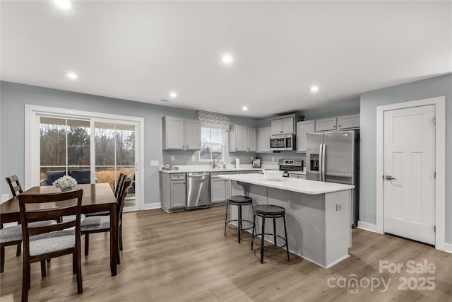 kitchen featuring gray cabinetry, a sink, light countertops, appliances with stainless steel finishes, and light wood finished floors