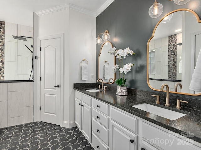 full bathroom with a walk in shower, double vanity, ornamental molding, and a sink