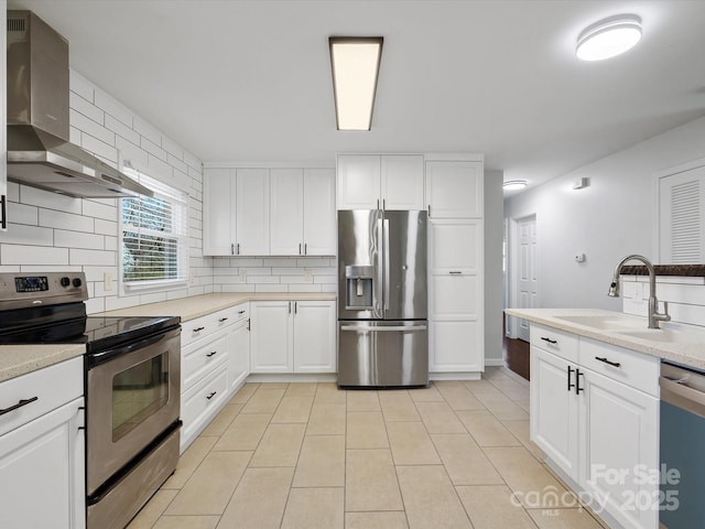 kitchen featuring white cabinets, decorative backsplash, wall chimney exhaust hood, appliances with stainless steel finishes, and a sink