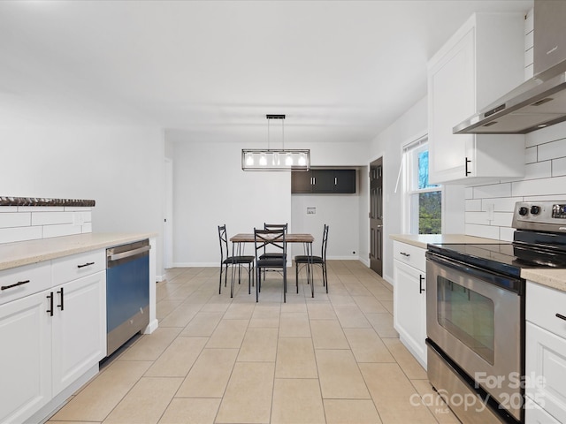 kitchen with stainless steel appliances, white cabinetry, wall chimney range hood, and tasteful backsplash