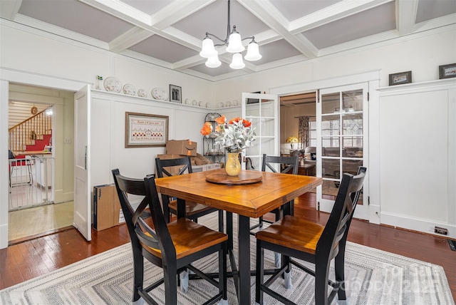 dining room with beam ceiling, a notable chandelier, dark wood-type flooring, ornamental molding, and coffered ceiling