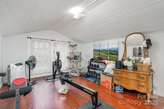 exercise room with lofted ceiling and wood-type flooring