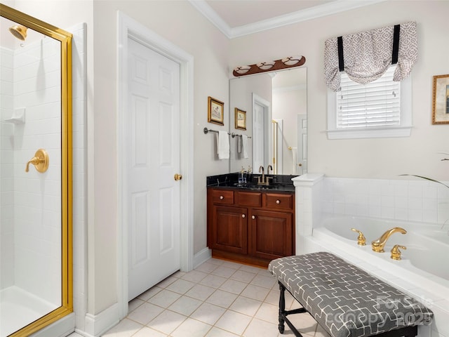 bathroom featuring a garden tub, tile patterned flooring, vanity, ornamental molding, and a shower stall