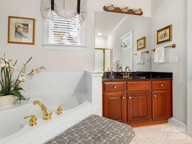 bathroom with tile patterned flooring, a garden tub, vanity, ornamental molding, and an enclosed shower