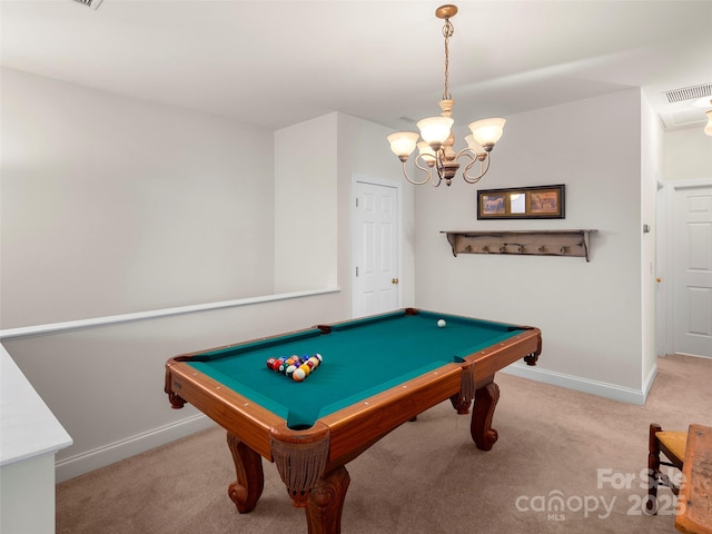 playroom featuring baseboards, visible vents, carpet flooring, and pool table