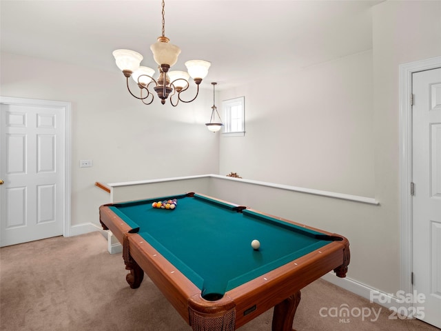 rec room featuring a chandelier, pool table, carpet flooring, and baseboards