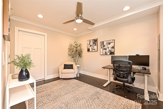 office space featuring ornamental molding, recessed lighting, dark wood-type flooring, and baseboards