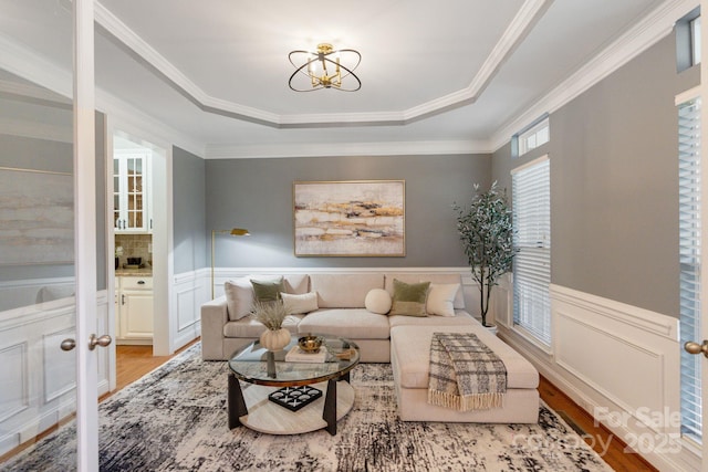 living room featuring crown molding, a raised ceiling, wood finished floors, and wainscoting