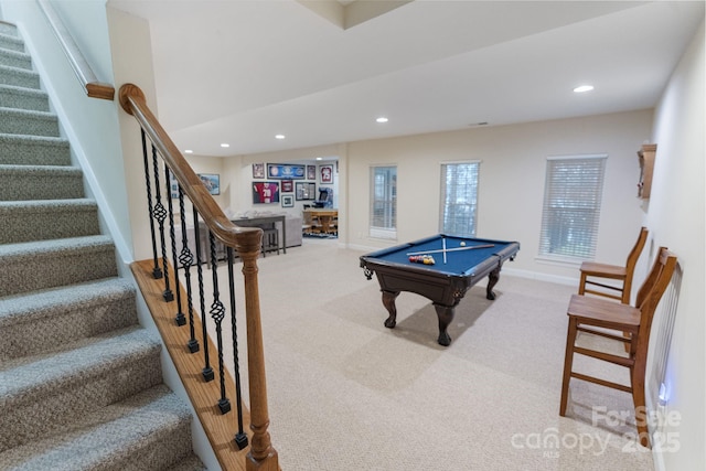 recreation room featuring baseboards, carpet flooring, billiards, and recessed lighting