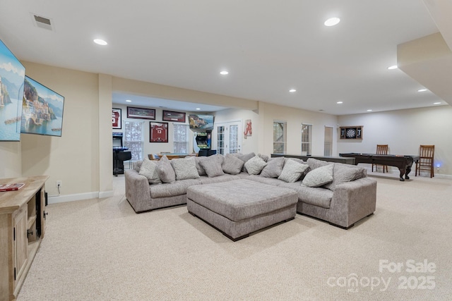 carpeted living room with recessed lighting, visible vents, billiards, and baseboards