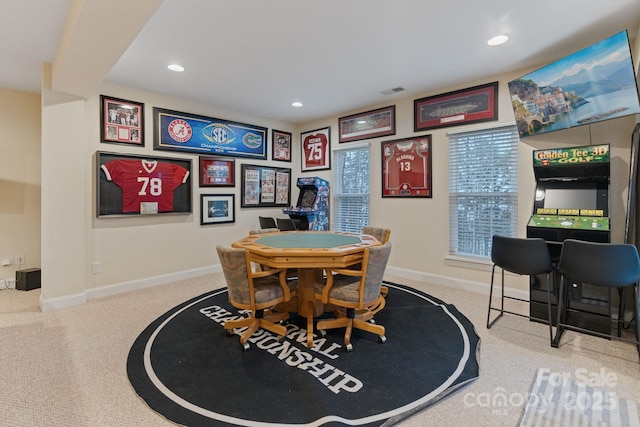 rec room featuring baseboards, carpet floors, visible vents, and recessed lighting