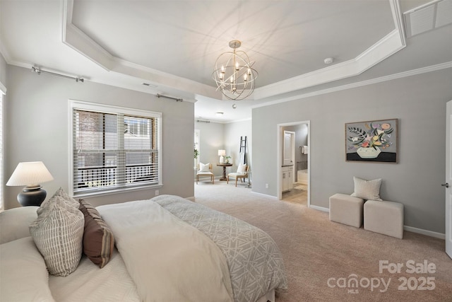 bedroom with a raised ceiling, crown molding, visible vents, and light carpet