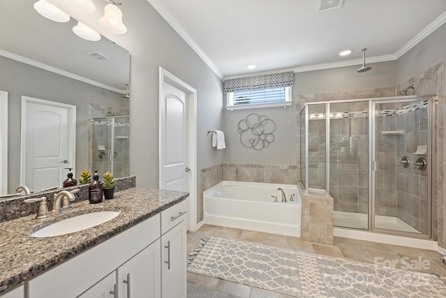 full bath featuring visible vents, a garden tub, ornamental molding, a shower stall, and vanity