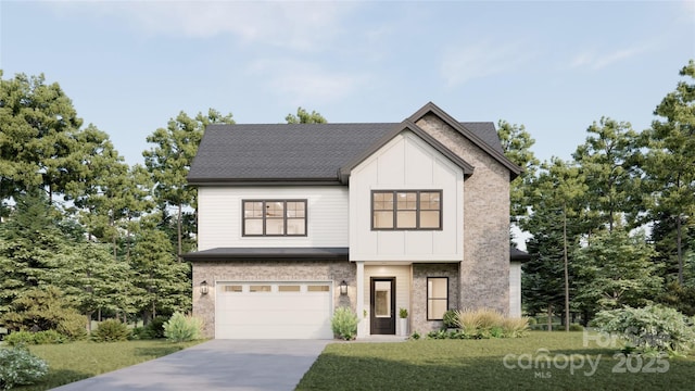 modern farmhouse style home featuring brick siding, concrete driveway, an attached garage, board and batten siding, and a front lawn