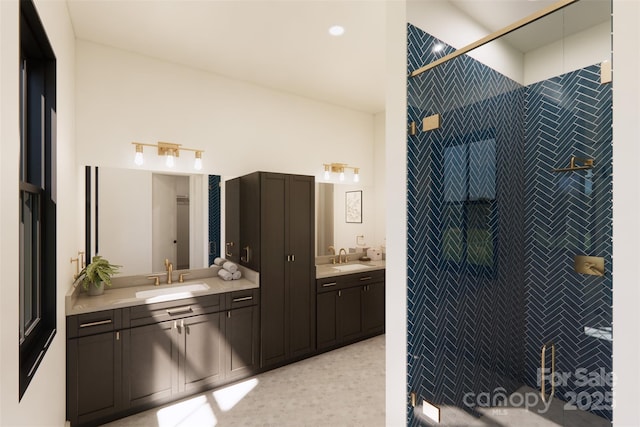 bathroom with a shower stall and vanity