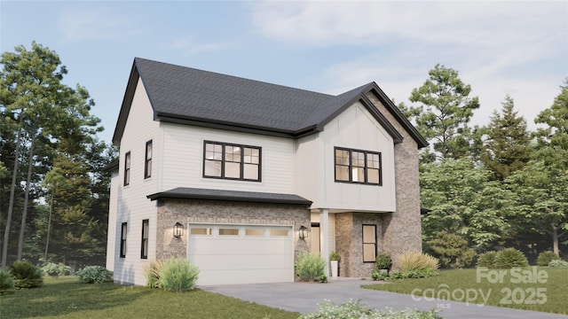 modern farmhouse with a garage, a shingled roof, concrete driveway, board and batten siding, and brick siding