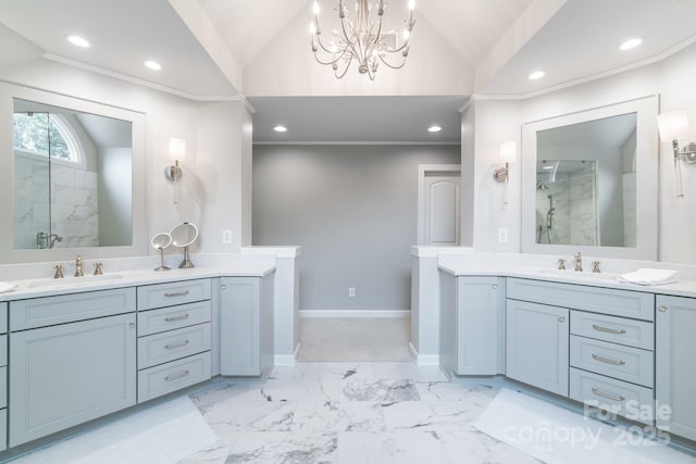 full bath with tiled shower, vaulted ceiling, and a sink