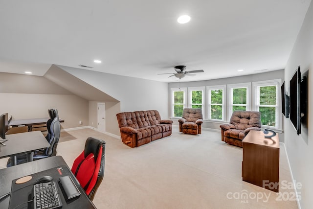 carpeted home office with baseboards, visible vents, ceiling fan, and recessed lighting