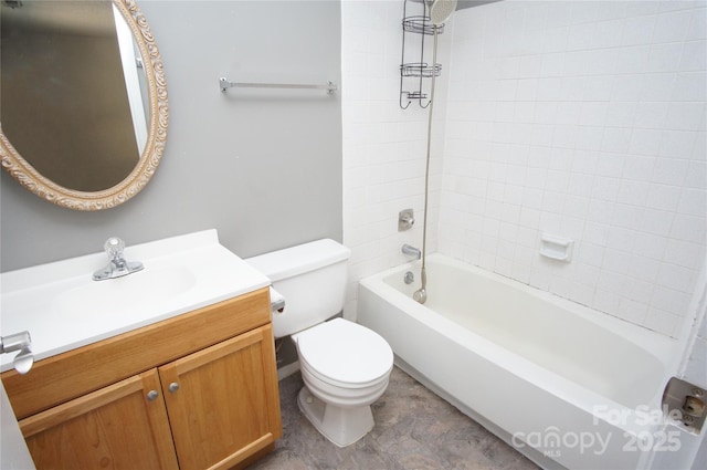 full bath with toilet, shower / tub combination, and vanity