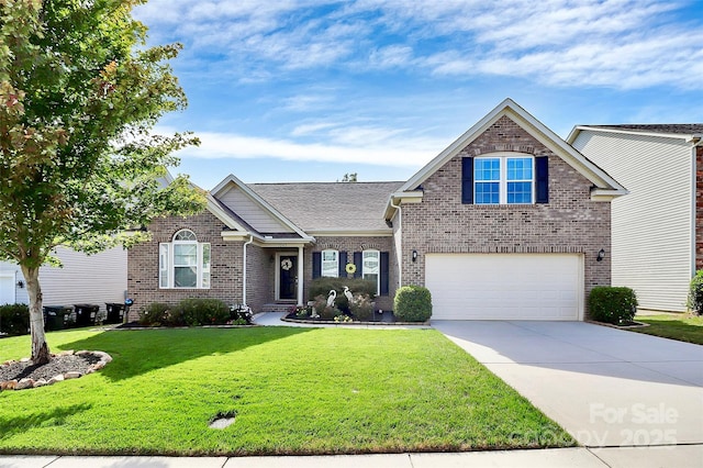 traditional-style home with driveway, brick siding, a front lawn, and an attached garage