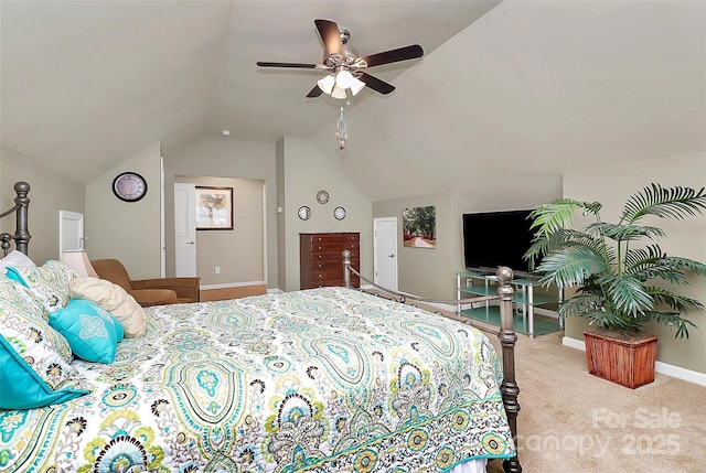 bedroom featuring vaulted ceiling, carpet floors, a ceiling fan, and baseboards