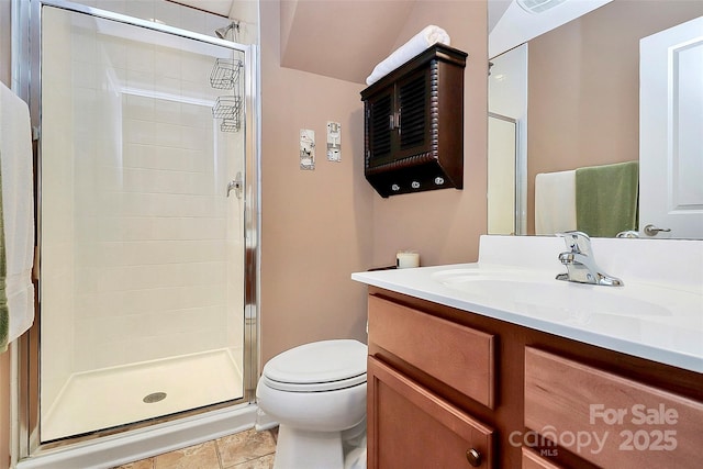 bathroom with a shower stall, toilet, and vanity