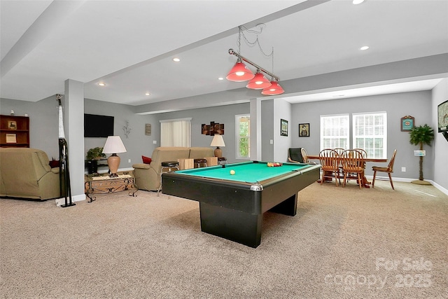 recreation room with carpet, billiards, baseboards, and recessed lighting