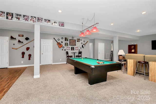 rec room with billiards, visible vents, baseboards, and recessed lighting