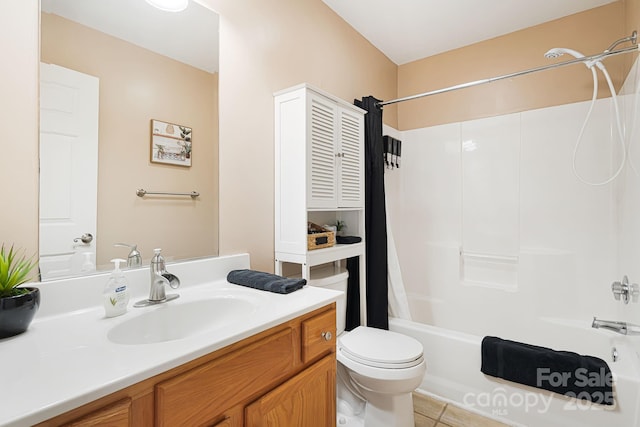 full bathroom with vanity, shower / bath combination with curtain, toilet, and tile patterned flooring