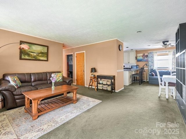 living area featuring carpet floors, a ceiling fan, and a textured ceiling