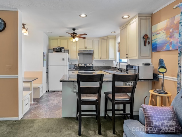 kitchen with a peninsula, under cabinet range hood, cream cabinets, and stainless steel appliances