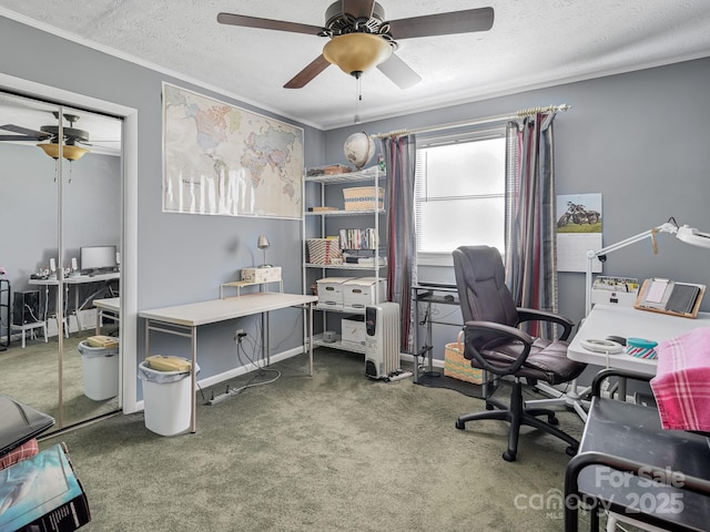 office area featuring carpet floors, ceiling fan, and a textured ceiling