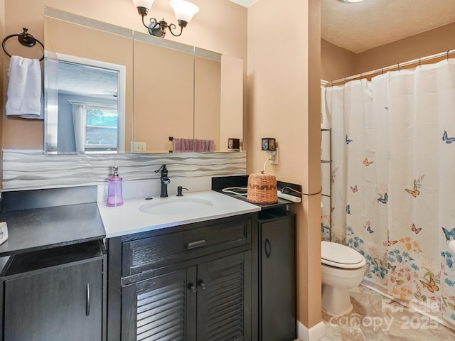 full bathroom featuring a shower with curtain, tile patterned flooring, vanity, and toilet