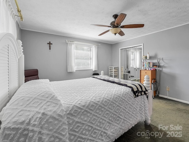 carpeted bedroom with multiple windows, a textured ceiling, and baseboards