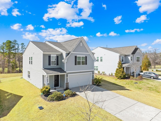 view of front of home with a garage, driveway, roof with shingles, covered porch, and a front lawn