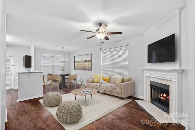 living room featuring ceiling fan with notable chandelier, dark wood-type flooring, baseboards, and a premium fireplace